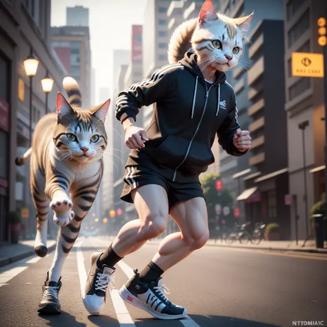 A photorealistic 3D detailed character, jogging pose, neko cat style, eccentric sneakers, hyperrealistic, cinematic lighting, highly detailed, intricate textures, dynamic motion blur, 4K, hyper detailed