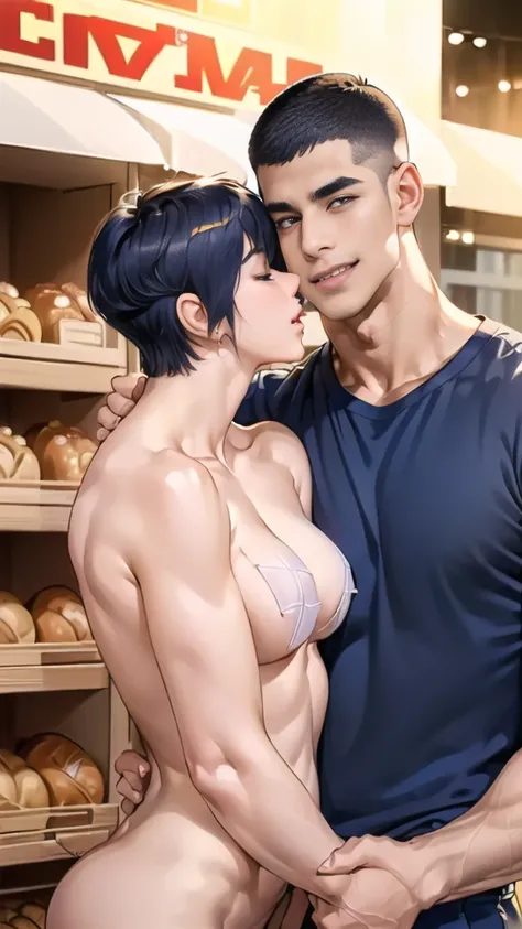 (male crew cut short hair:1.8) (man and woman hugging and kissing: 1.5), (man and woman: 1.5), smile, (A man wears a navy blue short-sleeved round neck t-shirt.: 1.3), Navy cargo pants, Korean guy , korean men, (High gloss details), chest muscles, large ar...