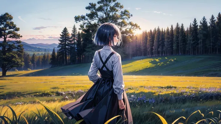 girl turning her back to the camera, blue atmosphere dusk, Field, trees, short hair, 