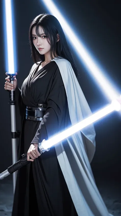 A beautiful black-haired woman transformed into a Jedi Knight stands holding a lightsaber in her hand