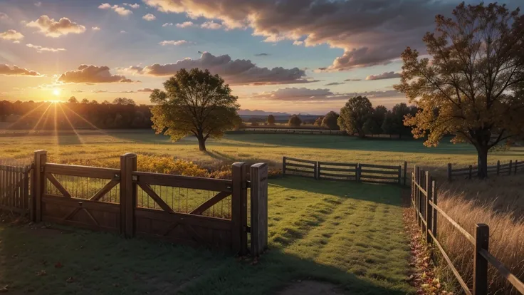 sunset, Field, gate, sun, clouds, trees, autumn, fallen leaves