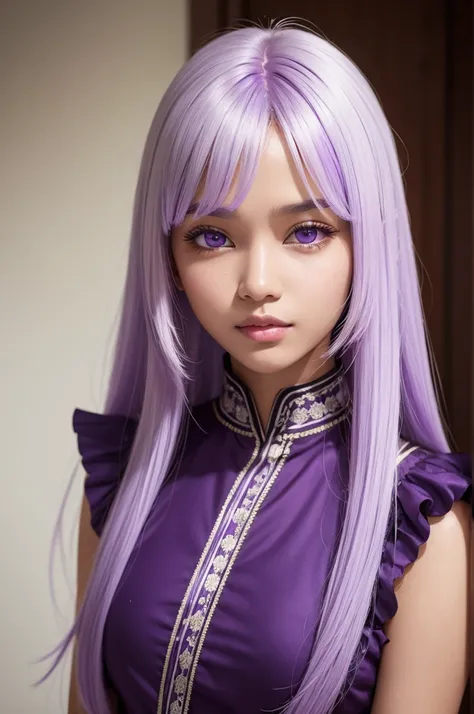 Brown-skinned woman with whitish violet hair and violet eyes 