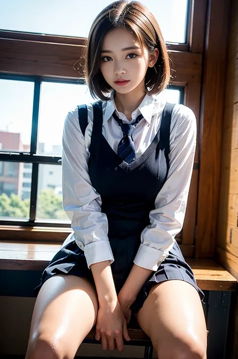 Highest quality、High resolution、Ultra-detailed、masterpiece、Raw photo:2、Realistic:2、Photorealistic:2、Very delicate and beautiful、In detail、 Textured skin、One Girl, (Light brown medium hair), ((Girls school uniform)), 18 years old Beautiful 、A satisfied look...