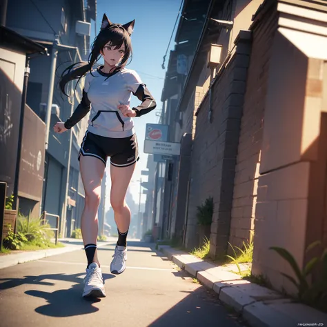 A photorealistic 3D detailed character, jogging pose, neko cat style, eccentric sneakers, hyperrealistic, cinematic lighting, highly detailed, intricate textures, dynamic motion blur, 4K, hyper detailed