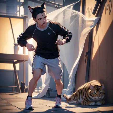 A photorealistic 3D detailed character, jogging pose, neko cat style, eccentric sneakers, hyperrealistic, cinematic lighting, highly detailed, intricate textures, dynamic motion blur, 4K, hyper detailed