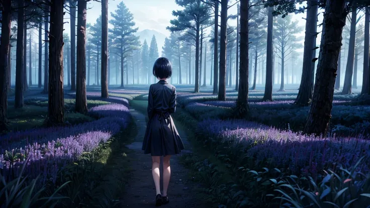 girl turning her back to the camera, blue atmosphere dusk, darkness, Field, trees, short hair,