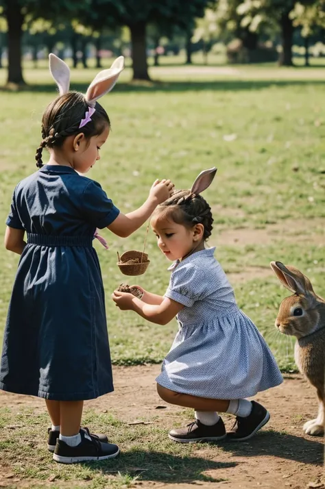 Some children are busy feeding some rabbits in a park.
The action and cuteness of the rabbit made the child happy. Describe the situation from close range with emphasis on the action, braided, shape and atmosphere.