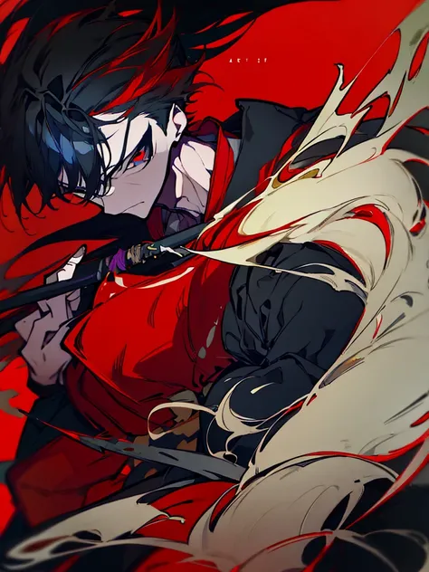 a close up of a person with a sword and a guy with a red dress, handsome guy in demon slayer art, best anime character design, detailed anime character art, anime character; full body art, anime character design a death god, character adoptable, handsome j...