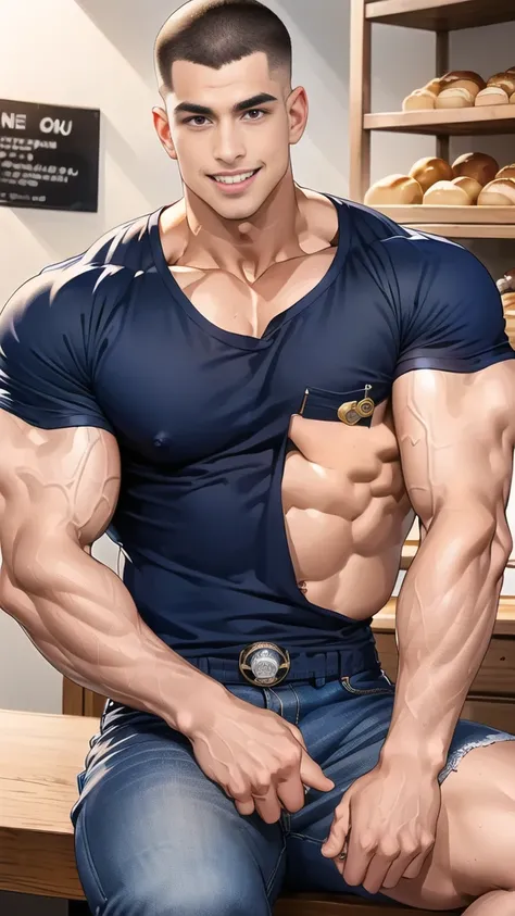 (NSFW: 1.5), (handsome Man sitting on table eating donuts ),(crew cut short hair:1.8),black eye,(Wear a fitted round neck t-shirt in navy with a police badge.:1.5),(fit neck),Navy blue jeans,(black_gloves:1.2), Korean guy,chest muscles,large arm muscles,bl...