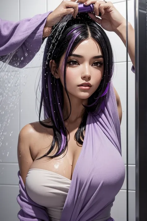 a beautiful woman with black hair and purple highlights showering