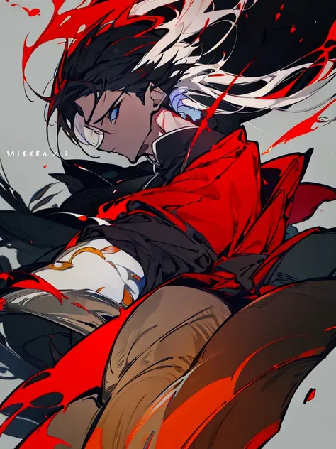 a close up of a person with a sword and a guy with a red dress, handsome guy in demon slayer art, best anime character design, detailed anime character art, anime character; full body art, anime character design a death god, character adoptable, handsome j...