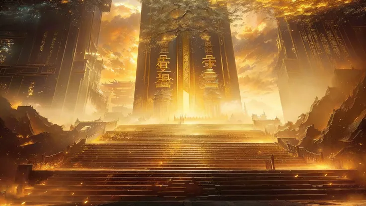 Close-up of stairs leading to a building，Sky in the background, Ruina Library concept art, gold gates of heaven!!!!!!!!, tall golden heavenly gates, Anime epic artwork, Cyberpunk Chinese Ancient Castle, Infinite Celestial Library, Temple Background, author...