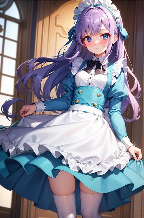 masterpiece, best quality,1girl, solo,whtie hair,medium hair,blue eyes,long sleeves,juliet sleeves,apron,maid,maid headdress,puffy sleeves,green dress,vest,buttons, white thighhighs,standing, looking at viewer, nose blush, holding fluffy towel,