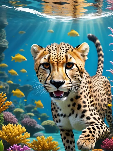 Happy cheetah swimming underwater，Have a great time，Happy childhood and summer vacation，high quality照片lifelike的，8K，Rich in details，lifelike，high quality