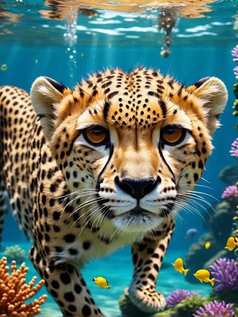 Happy cheetah swimming underwater，Have a great time，Happy childhood and summer vacation，high quality照片lifelike的，8K，Rich in details，lifelike，high quality