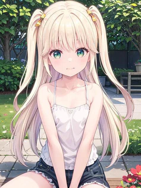 1 Girl, ,Highest quality, Very detailed, masterpiece, Outdoor ,Sitting,garden,Green Eyes,Blonde, Long Hair, Eyebrows visible through hair, White camisole,Flat Chest,S○l○,Very detailedな, (masterpiece),,upper body,顔 focus, No hair accessories