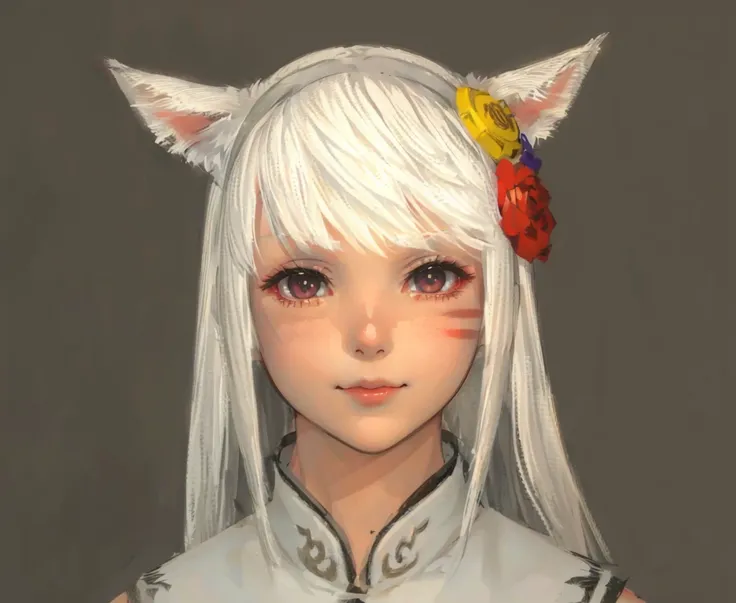 Catgirl, white hair, red lips, (((cat eyes))), two horizontal face clan marks, studio rim lighting, gentle smile, (((kawaiii)))