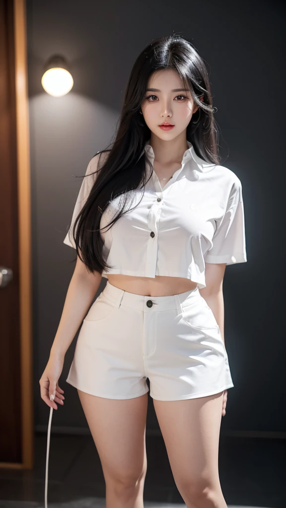 
"21yo girl, shiny black hair, long hair, wearing an oversized white shirt with two open top buttons, hot pants, natural big breasts, showing big thighs, plump body, single sidelock hairpin flushing modern cinematic lighting, ray tracing, drop shadow wide ...