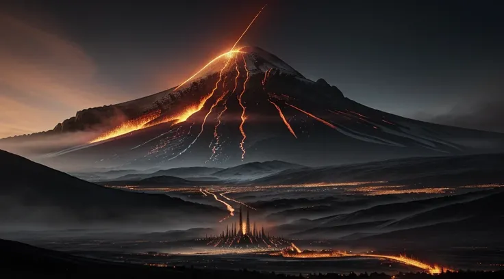 arafed mountain with a fire trail in the middle of it, mordor, 4k fantasy art, sauron, mordor as a bustling city, the dark lord sauron, high fantasy matte painting, 8k fantasy art, 8 k matte painting, 8k matte painting, 4 k matte painting, dota! matte pain...