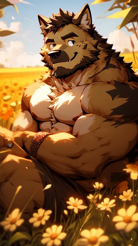 （masterpiece），German Shepherd，Topless，Black eyes，Smile，hairy，8K，wallpaper，Detailed background，Very detailed body，Eye details，Paw pad details，Lifelike，Flower Field