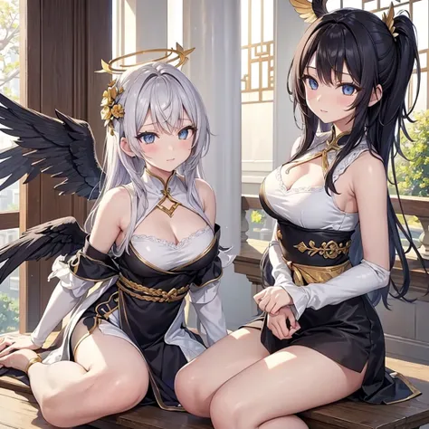 ((On the table, best quality)), Delicate face, Character Design Sheet，whole body, Perfect proportion，Rich in details, Multiple poses and expressions, Very detailed, Martial Arts Girl，1Girl with black wings，Gradient hair color，Golden，Delicate eyes, see thro...