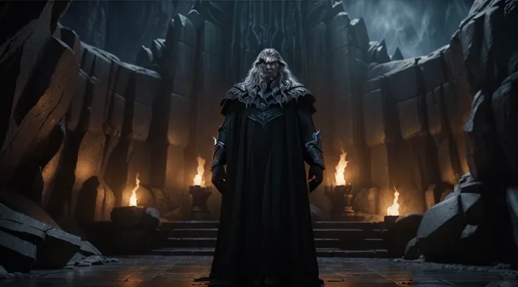 a man in a long black robe standing in a dark cave, return of the king. cinematic, henry cavill as arthas menethil, from warcraft, the allfather, still from a fantasy movie, shadowbringers cinematic, elden ring cinematic lighting, from witcher (2021), bliz...