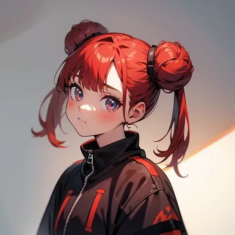 12 years old，Red-haired girl，Double bun head，cute，Wronged