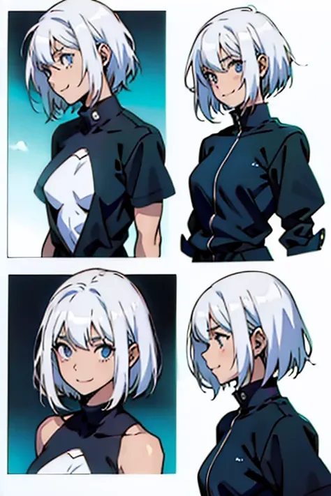 girl with short white hair small and really skinny, smiling weakly , manga page with panels and dialogue