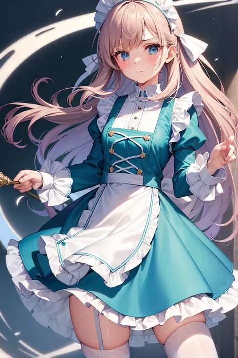 masterpiece, best quality,1girl, solo,whtie hair,medium hair,blue eyes,long sleeves,juliet sleeves,apron,maid,maid headdress,puffy sleeves,green dress,vest,buttons, white thighhighs,standing, looking at viewer, nose blush, holding fluffy towel,