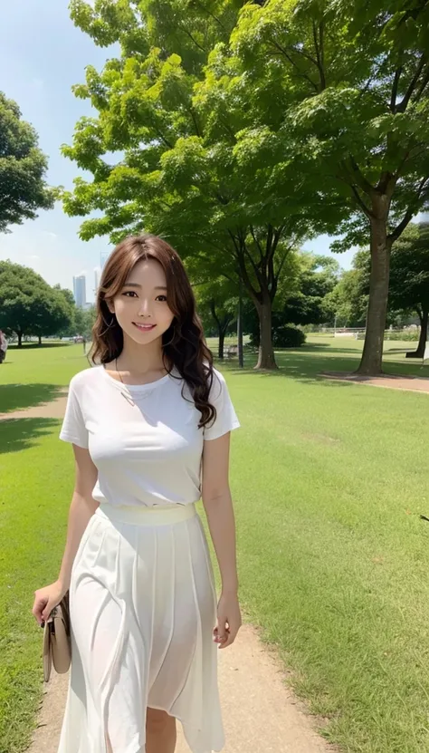 high resolution、Transparency、Woman in white t-shirt、Brown Hair、Curly Hair、Walking alone in the park in a white flared skirt、The mouth is smiling