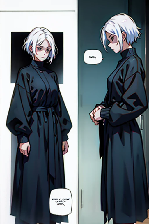 Girl with short white hair small and really skinny, deathly ill, manga page with panels and dialogue  