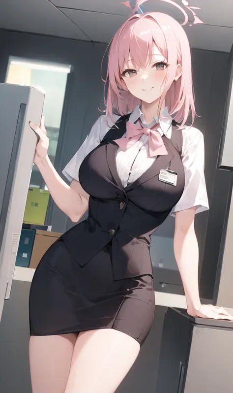 ((masterpiece, best quality)), (1girl),((mature female)), lightpink hair, halo, horn, ((office lady )),bangs,middle breast,(busty),slim,smile, [wide hips],office,standing, aru (blue archive),