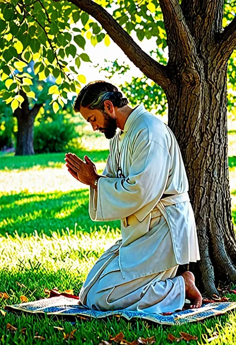 Sob a serene glass, on a peaceful day, A man kneels, in voracious prayer. Bible in hands, words of light, Seek the comfort that faith always translates.The shadow of the tree, shelter and refreshment, A sacred encounter, an ethereal moment. With eyes close...