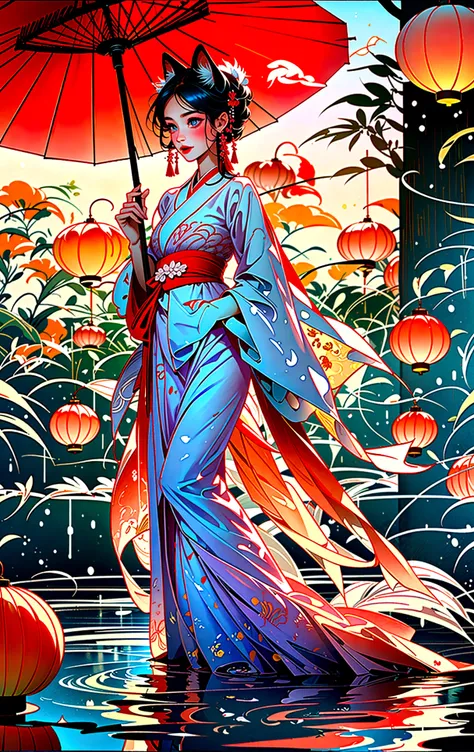 Masterpiece, best quality, full body shot (head and feet in the frame)(highly precise drawing down to the smallest detail)(extremely precise representation)a breathtakingly beautiful japanese yokai kitsune (fox goddess) relaxing and showing friendly her fa...