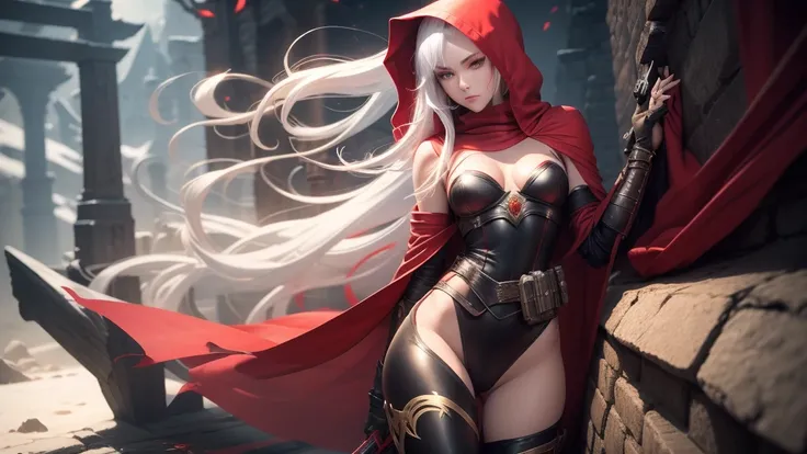 little Red Riding Hood，Fantasy World，White hair，Sexy body，tall，slim，Wearing tights，Red and gold eyes，Holding a gun in hand，The legs are dressed in black，Hair with red highlights，Wearing leather armor，Metal arm armor，Wears a red hood，Wear a shawl，The shawl ...