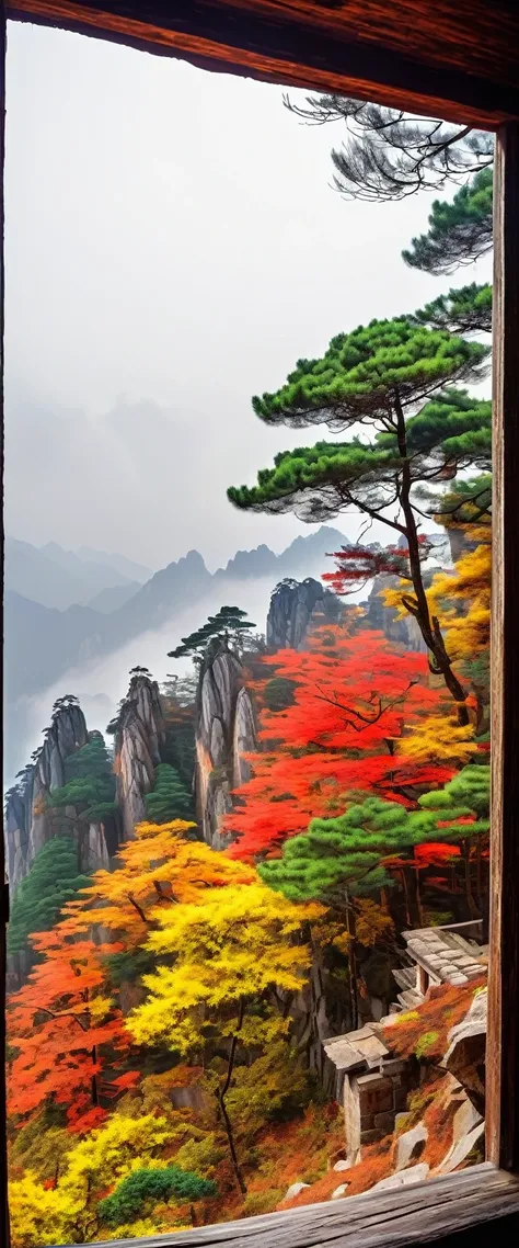 open window in old house, You can see Mt. Huangshan outside, Shrouded in clouds and fog. The pine trees above are in colorful autumn colors.. In front of it was a collapsed wall., Adds visual appeal. This photo shows the scenery beyond the window., Present...