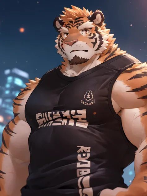 human nature, Wildlife, male,18 years old， solitary, ((Round Face, The face is plump,Orange eyes,Thick orange hair，With scars)), ((Endomorph, Handsome，Hot Blood)), (Sportswear，Clothes Damaged), ((domestic tiger, tiger，) Fluffy fur, Fluffy), Bokeh, (high qu...