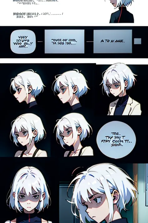 Girl with short white hair small and really skinny,  deathly sick taking medicine, manga page with panels and dialogue  