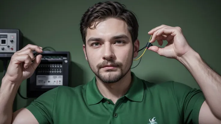 mascot, naughty man, without mustache, sem beard, skin fair, electrical technician, green polo shirt, with various hand positions