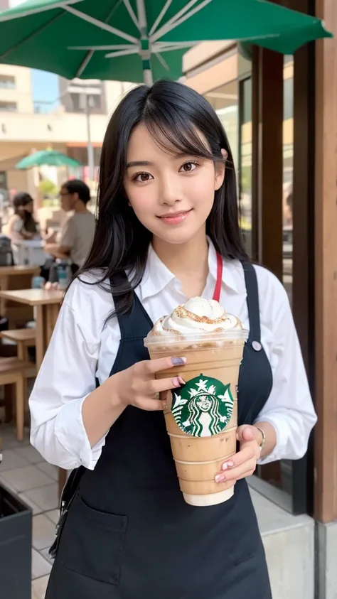 A beautiful black-haired woman transformed into a Starbucks employee is holding a Frappuccino