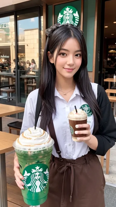 A beautiful black-haired woman transformed into a Starbucks employee is holding a Frappuccino