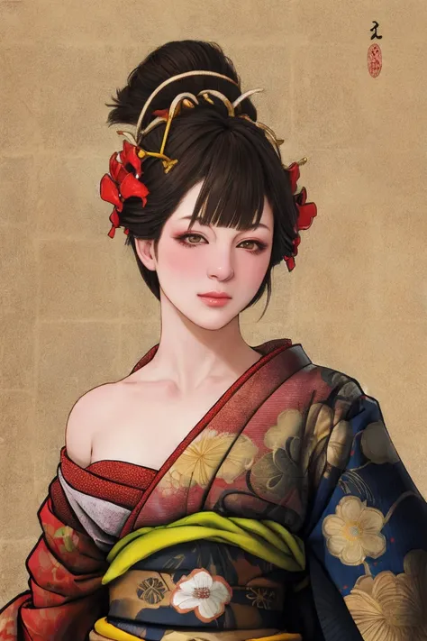 1 Girl, alone, Oiran, country, Looking at the audience, short hair, Brown eyes, Brown Hair, Black Hair, hair ornaments, Upper Body, kimono, Blunt bangs, kimono, sash, Compensate, Bob cut hair, Bare shoulders,