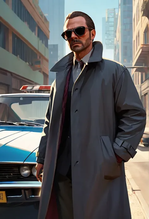 GTA style，Rob a bank , bank , dollar , chumbo masculino，shotgun, wind coat，sun glasses，The Car，Future city streets，retro artstyle，shadows  and highlights，hight contrast，crime and danger、Tension and suspense、avant-garde and ralowing reflections、glomy、evocat...