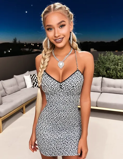 (best quality,4k,highres, highres face details), blonde long braided hair, 18 years old, instagram model, 36DD fake breast, fake lashes, fake lips, dark makeup, perfect skin, dark tan skin, she is skinny, she is caucasian, she is wearing a skim dress, diam...