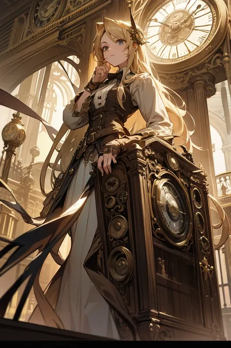 A steampunk time traveller girl with long blonde hair standing in front of a giant clock with spider limbs protruding behind her.