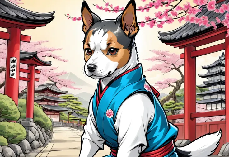 arte em tinta fina, comic style, portrait of japan, samurai dog terrier, Glamour de Osaka, bela arte de linha, comic style, manga style, manga art style, pencil and ink caricature drawing, coloring, , other positions, corpo inteiro. Japan Background, dog t...