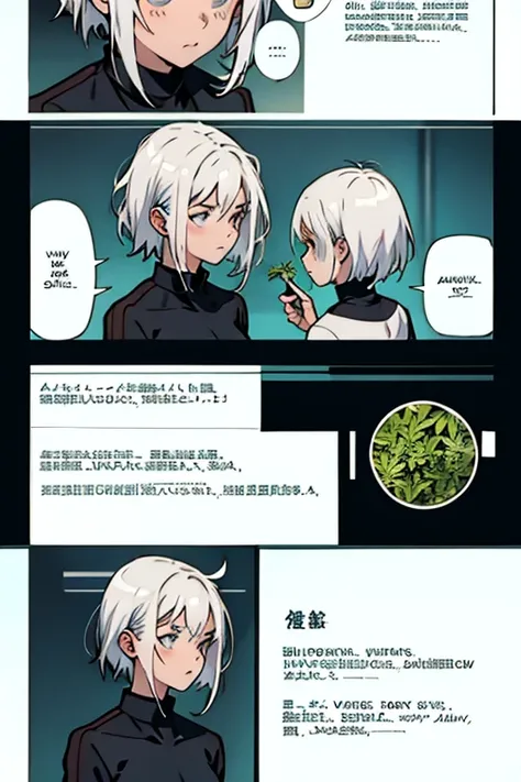 Girl with short white hair small and really skinny,  making medical herbs , manga page with panels and dialogue  