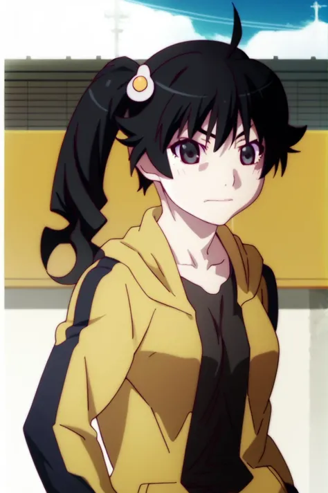 araragi karen,black hair,ahoge,black eyes,side ponytail,egg hair ornament,upper_body, medium breasts, yellow hooded track jacket,