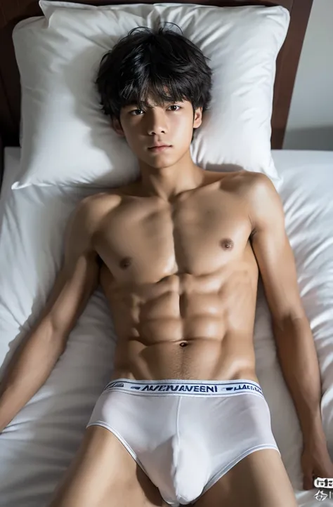 14-year-old boy, Upper body naked, White underwear ,Smooth Skin, Lie down in bed,Have abdominal muscles, , Differential Fracture Cap, Black Hair, Messy Hair, Modern, Eye-level shot, Hyper HD, masterpiece, Accurate