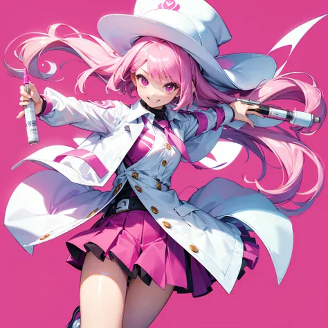 1girl、Dynamic composition、((Perspective Lens, A woman with long white and pink hair, Dynamic pose with a cute smiling face, He is holding a syringe bigger than himself towards the viewer.)) ((Pure Magenta Background:1.2)),Looks like she&#39;s in her early ...